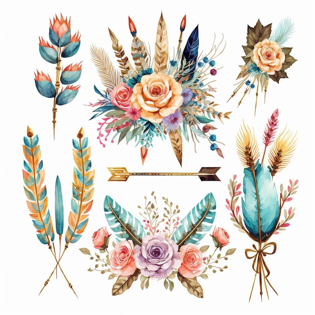 Watercolor boho style flowers set of illustrations arrows with vibrant colorful flower bouquets