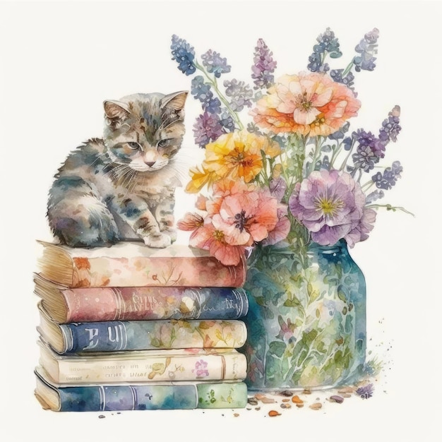 Watercolor Book Illustration with cat and flowers isolated on white background