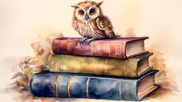 Watercolor books with owl Generative AI