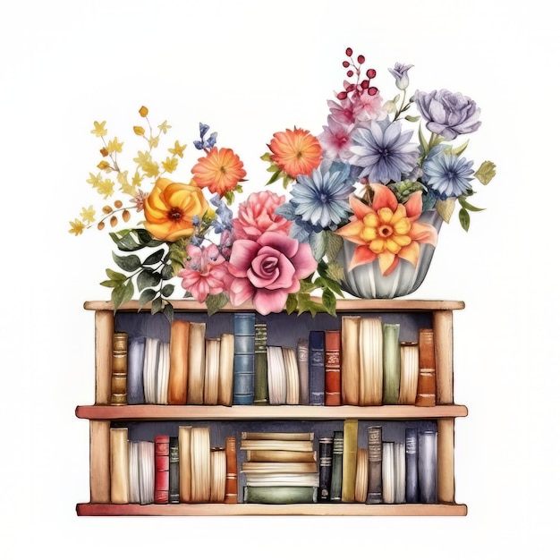 Watercolor bookshelf with flowers and plants isolated on white background