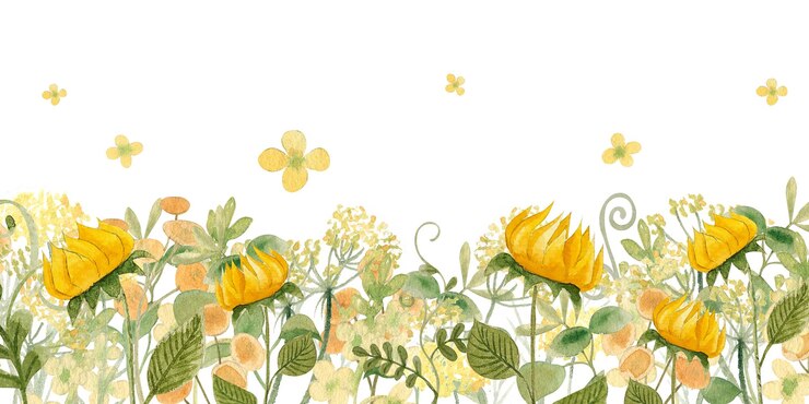 Watercolor border of herbs and wildflowers