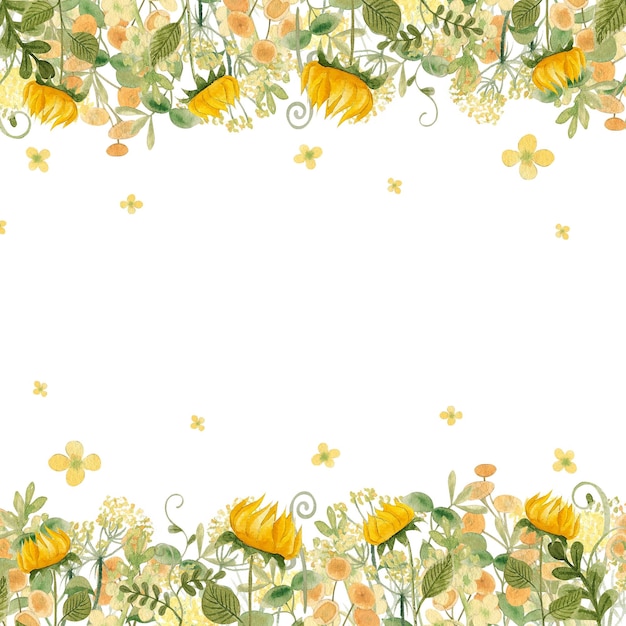 Watercolor border of herbs and wildflowers