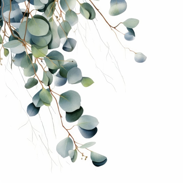 Foto bordo acquerello con foglie di eucalipto sparse su sfondo bianco generato dall'intelligenza artificiale