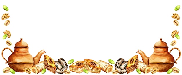 Watercolor border with teapot oriental sweets illustration of traditional turkish sweets baklava