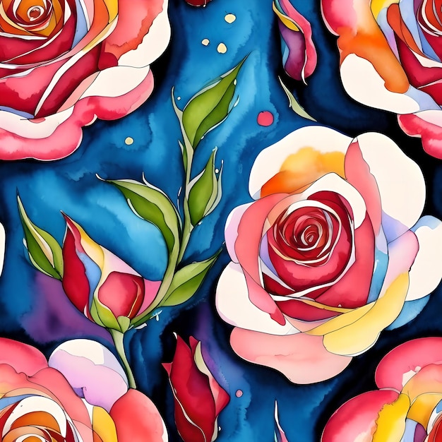 Watercolor botanic garden vivid bright color rose flower seamless pattern background created with generative AI technology