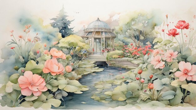 Foto illustrazione in acquerello della casa del giardino botanico