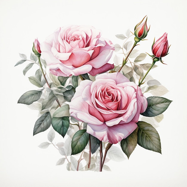 Watercolor botanical Pink Roses