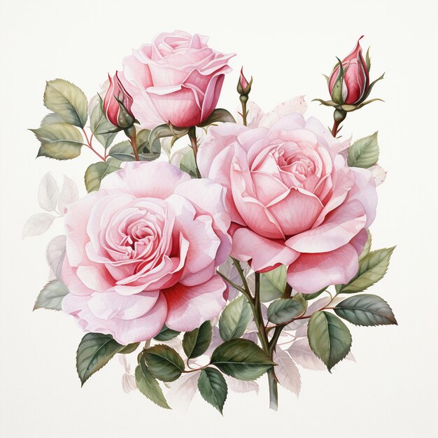 Watercolor botanical Pink Roses