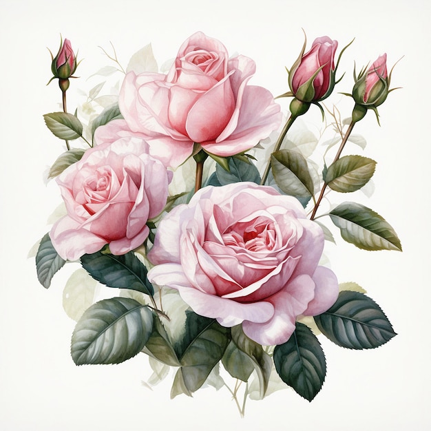 Watercolor botanical Pink Roses