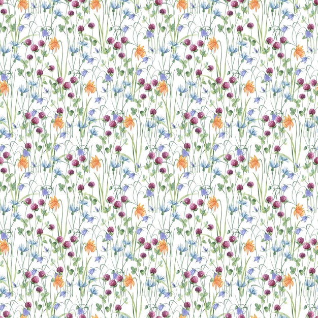 Watercolor botanical seamless pattern meadow wildflowers and garden plants Hand drawn leaves pink flowers herbs and natural elements For birthday wedding card invitation greeting mother day