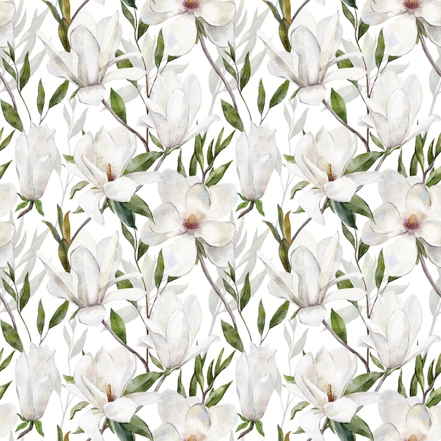 Watercolor botanical seamless pattern with white Magnolia flowers