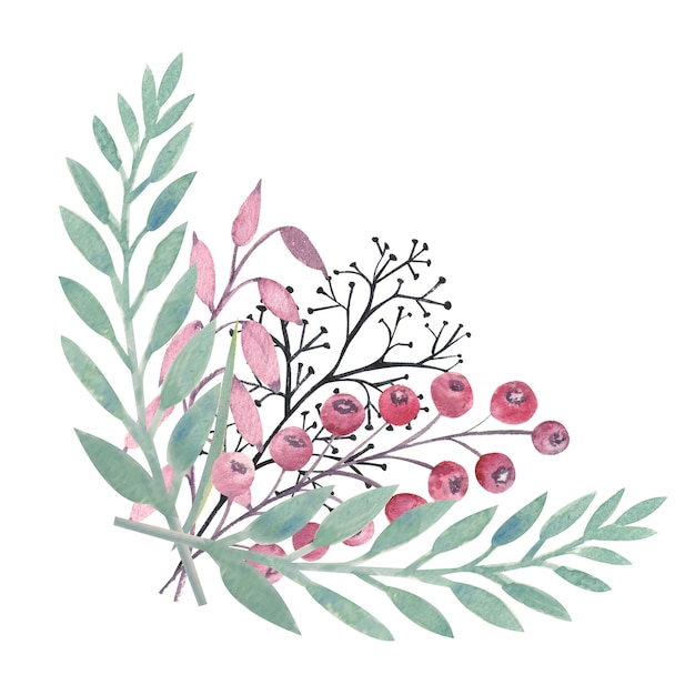 Watercolor bouquet of berries, decorative twigs and leaves