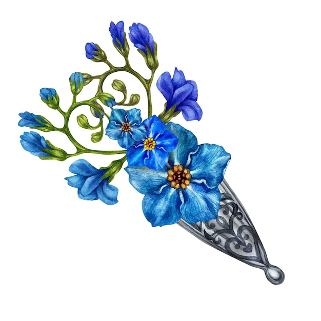 Watercolor bouquet of blue forgetmenot as vignette in a silver boutonniere for easter wedding