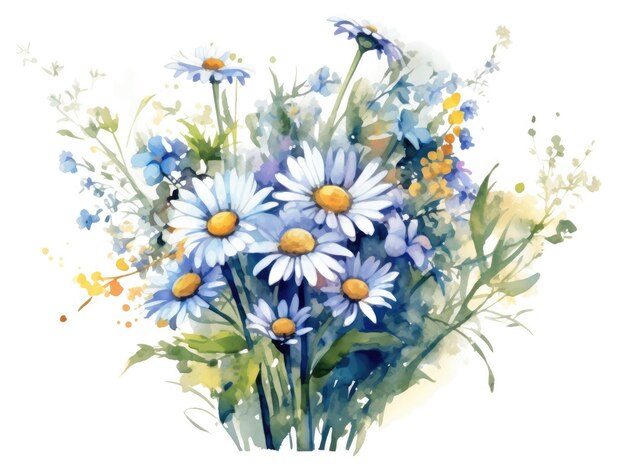 Watercolor bouquet of chamomile flowers and green leaves