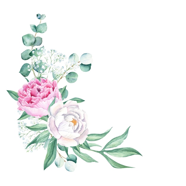 Photo watercolor bouquet corner white and pink peony eucalyptus and gypsophila branches hand painted