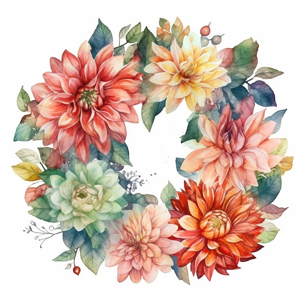 Watercolor bouquet of dahlia flowers with leaves