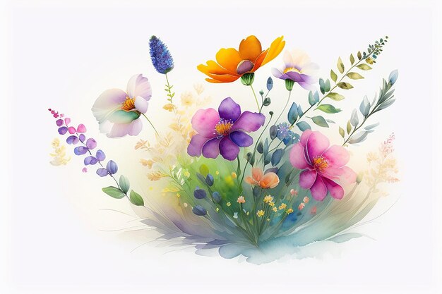 Watercolor bouquet of delicate and radiant spring and summer wildflowers on a white background generative ai