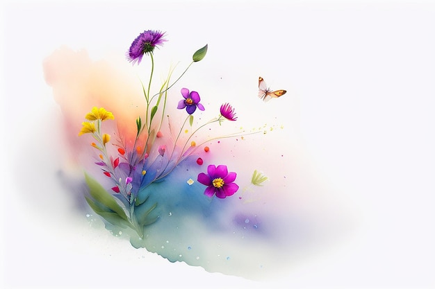 흰색 배경에 섬세하고 빛나는 봄과 여름 야생화의 수채화 꽃다발 Generative AI