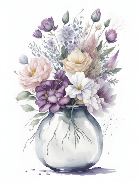 Watercolor bouquet of flowers in a vase on a white background