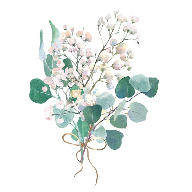 水彩花束カスミソウの枝とユーカリの枝がデの白い背景で隔離