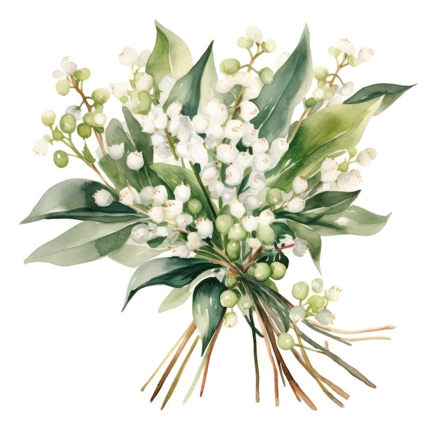 watercolor bouquet of mistletoe flowers illustration on white background