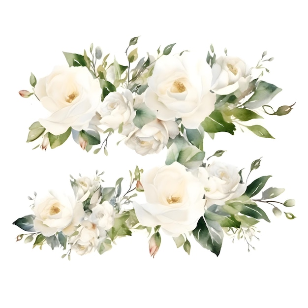 写真 白い背景に分離された白いバラの水彩画の花束