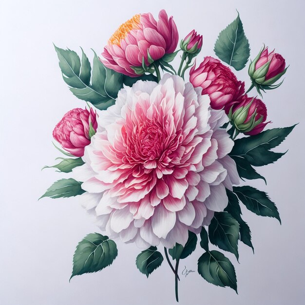 Watercolor bouquet of pink roses dahlia and white peony