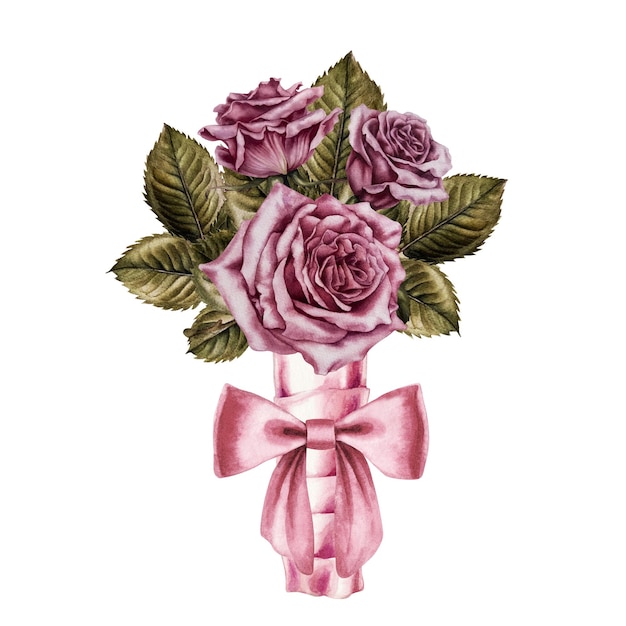 Watercolor bouquet of pink roses and green leaves with ribbon and bow