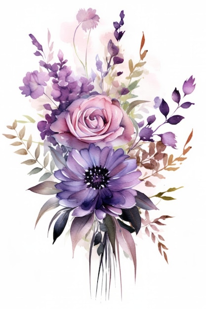 Watercolor bouquet of purple anemone flowers on white background