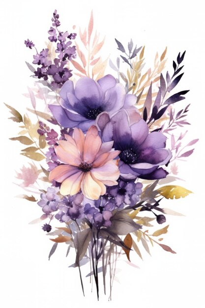 Watercolor bouquet of purple anemone flowers on white background