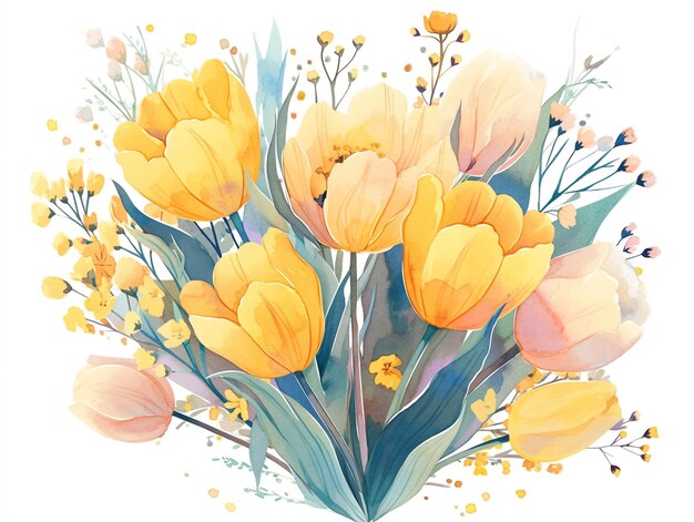 Foto bouquet acquerello di tulipano giallo primaverile su sfondo bianco