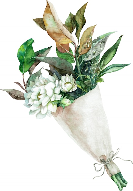종이 포장에 녹색과 노란색 잎과 하얀 꽃의 수채화 꽃다발. 손으로 그린 그림입니다.