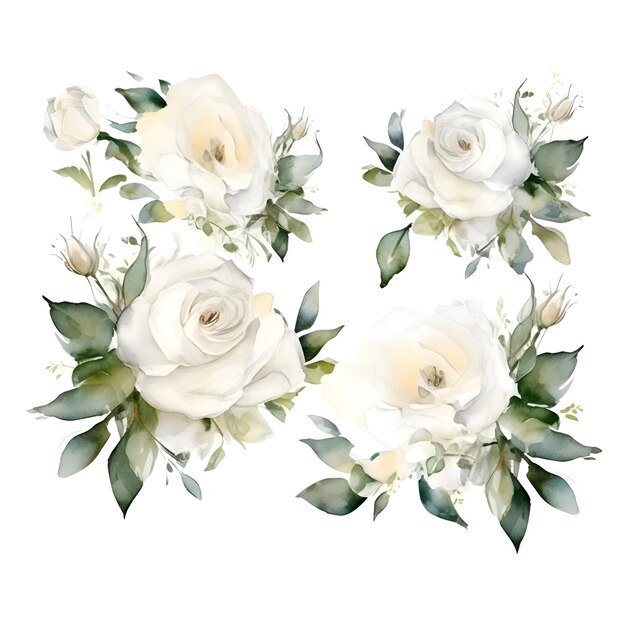 Photo watercolor bouquet of white roses isolated on white background