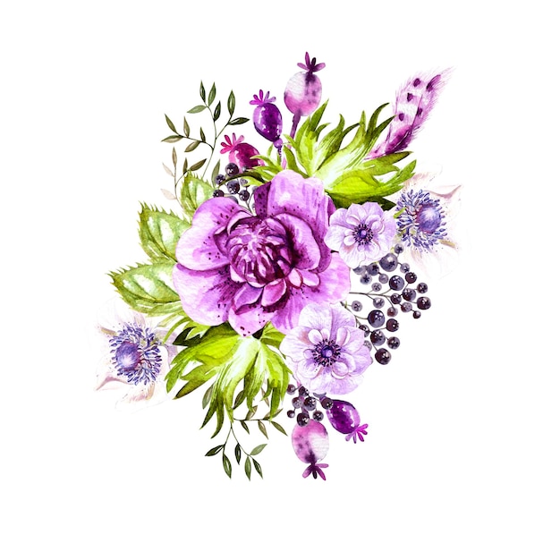 Watercolor bouquet with anemone and wild berry Illustration