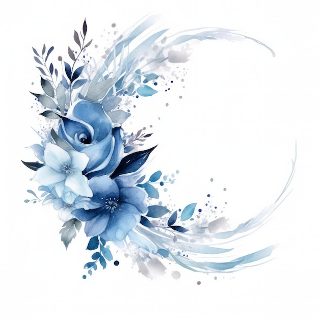 Photo watercolor bouquet with blue roses and leaves hand drawn illustration