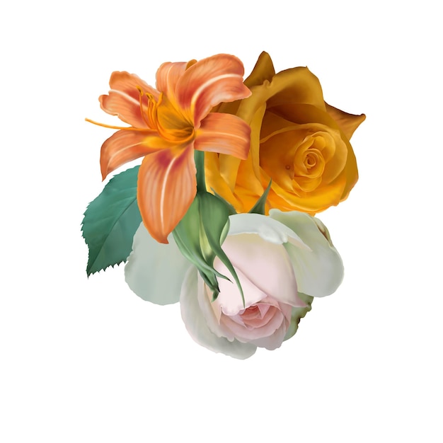 Watercolor bouquet with flowers. Illustration. Rose. Lily. Digital drawing.