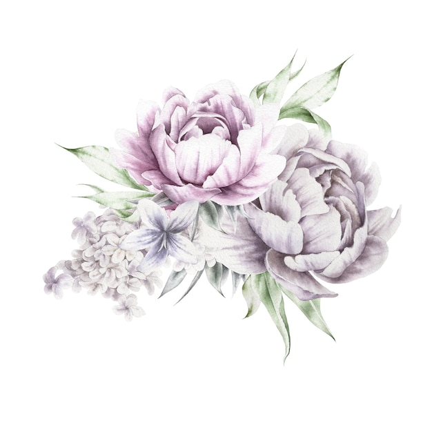 Foto bouquet ad acquerello con fiori peonia illustrazione disegnata a mano