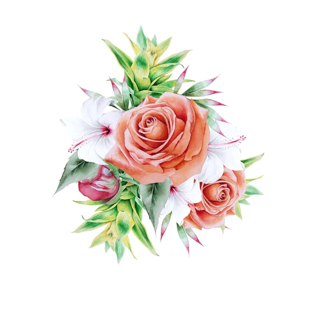 Watercolor bouquet with flowers. Rose. Hibiscus. Bromeliad.  Illustration.  Hand drawn.