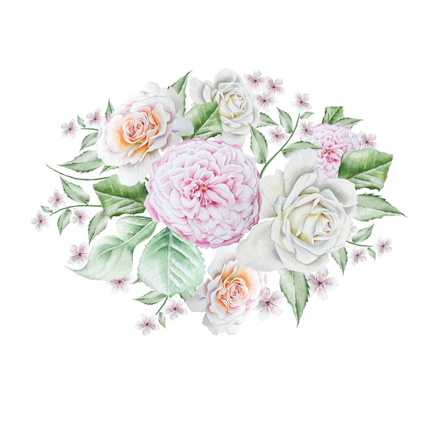 Watercolor bouquet with flowers.  Rose. Peony. Illustration. Hand drawn.