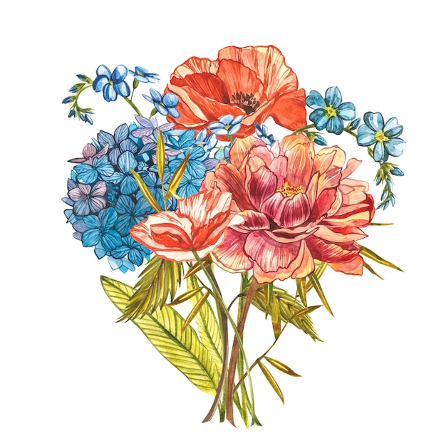 Watercolor bouquet with peonies, forget-me-not, poppies and hydrangeas