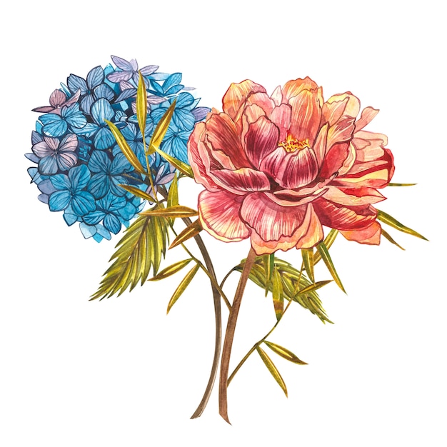 Watercolor bouquet with peonies and hydrangeas