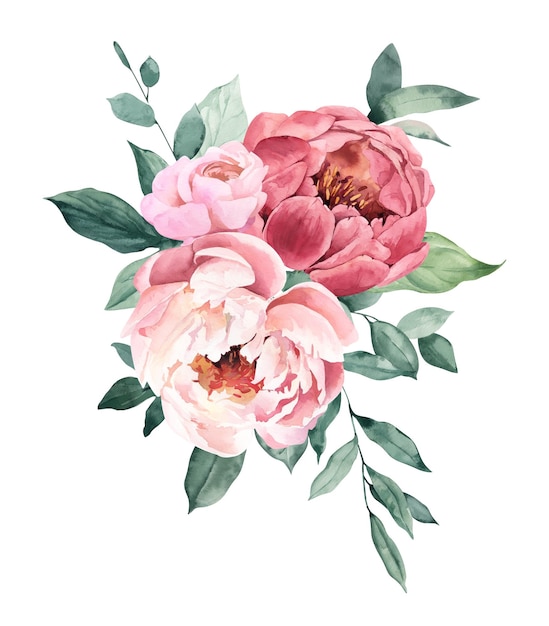 Watercolor Bouquet with Peonies and Leaves Perfect for invitation and social media