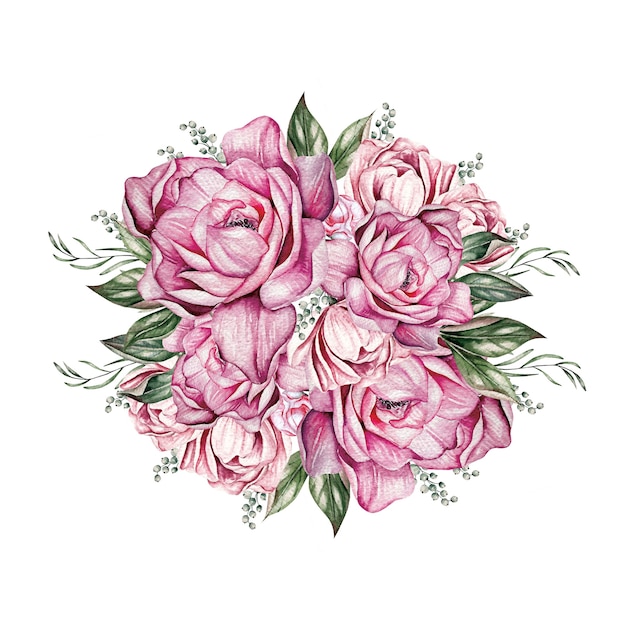 Watercolor bouquet with peony flowers, leaves and buds. Illustration