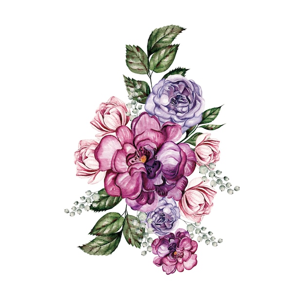 Watercolor bouquet with peony flowers, leaves and buds 