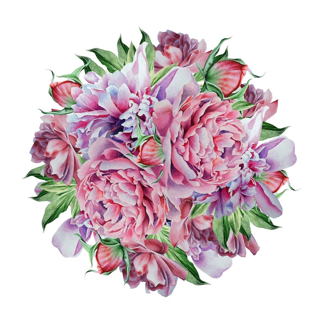 Watercolor bouquet with peony. Hand drawn.