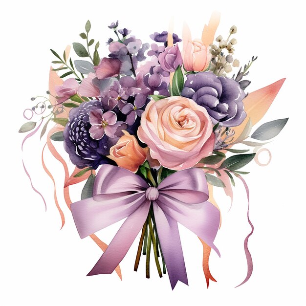 Photo watercolor bouquet with purple flowers and ribbon