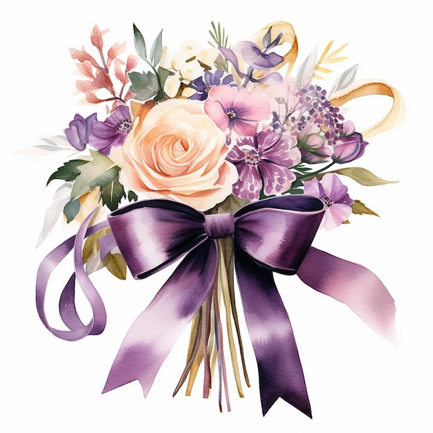 Photo watercolor bouquet with purple flowers and ribbon