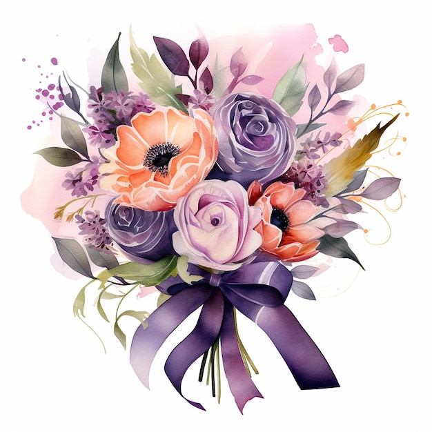 Photo watercolor bouquet with purple flowers and ribbon