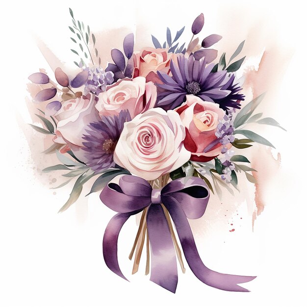 Photo watercolor bouquet with purple flowers and ribbon