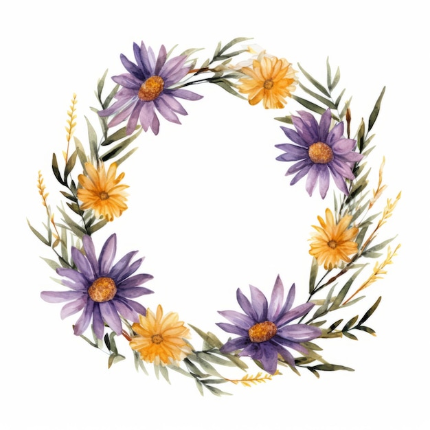 watercolor bouquet wreath featuring purple flowers, leaves, and an oak twig isolated on a white background. created in a style that combines dark yellow and light orange, this decorative painting capt